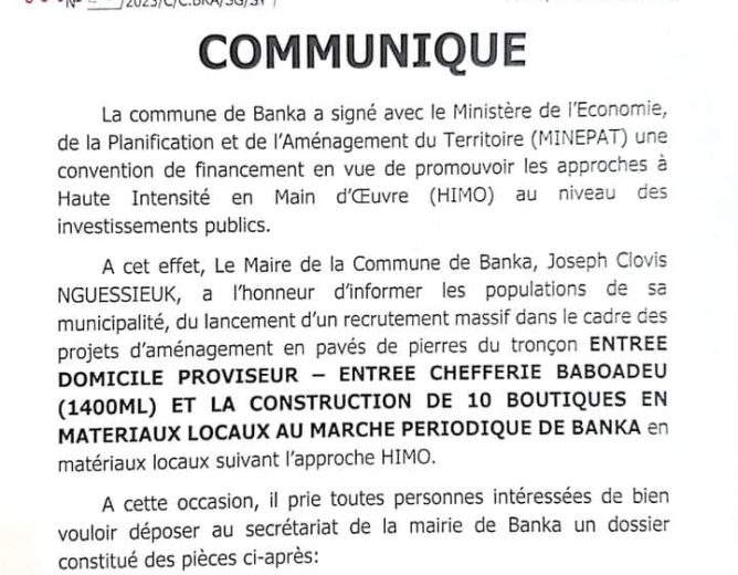 Amélioration de la mobilité dans la Commune de banka: poursuite du projet routier cathédrale de Banka – Folentcha.